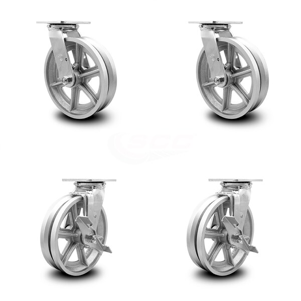 8 Inch V Groove Semi Steel Swivel Caster Set with Roller Bearings 2 Brakes SCC